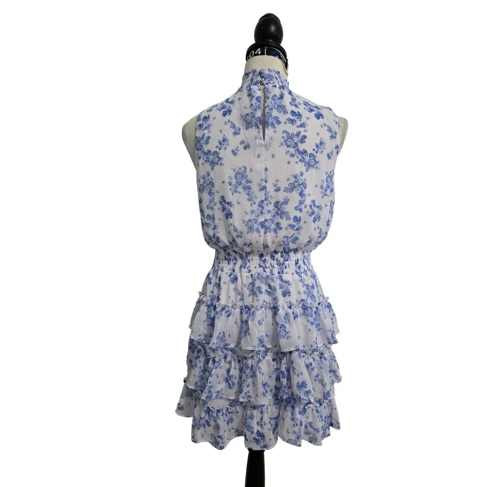 1.STATE Blue White Floral Smocked High Neck Tiered Ruffle Mini Dress Small - Picture 3 of 6
